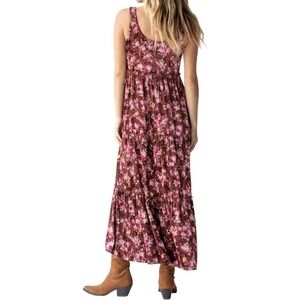 Natural Life Karli Floral Velvet Tiered Maxi Dress Burgundy Pink XL Boho Western